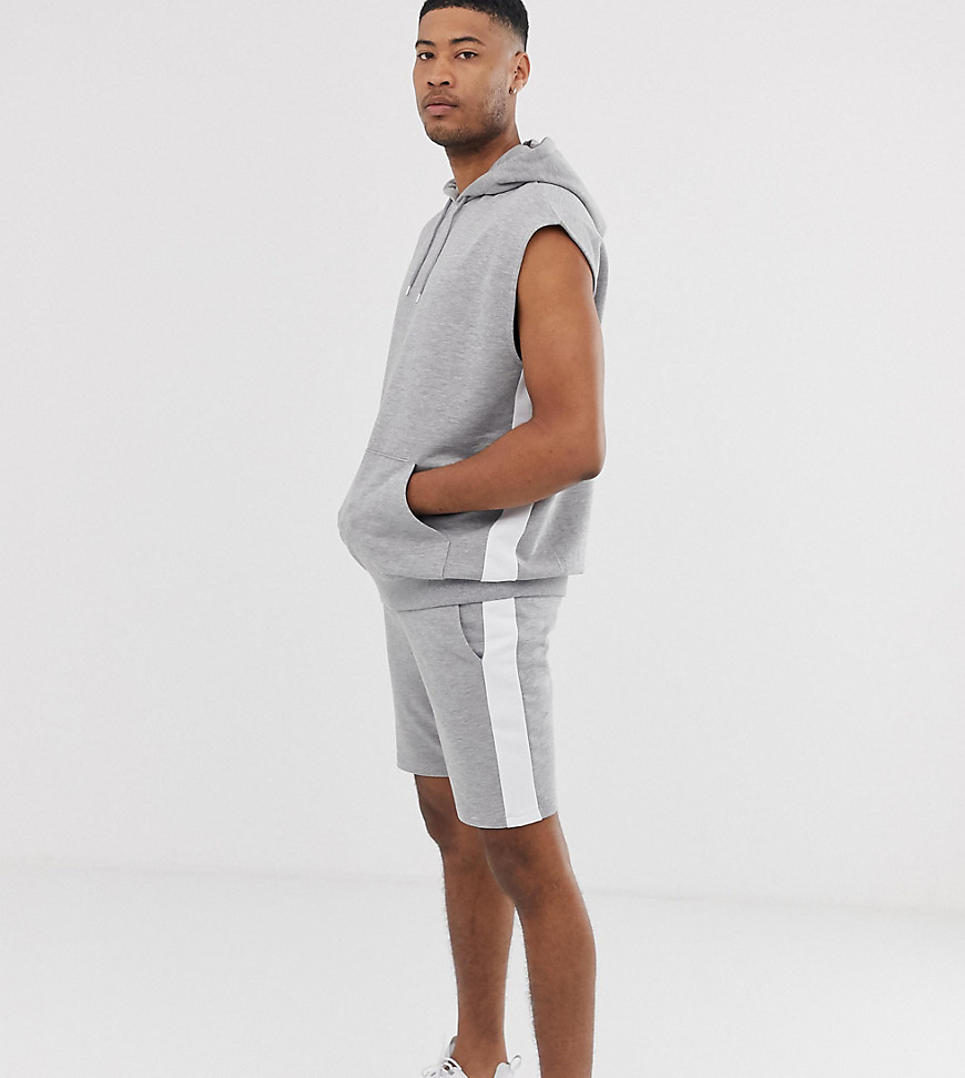 Gråmeleret joggingsæt med sidestriber med oversized ærmeløs hættetrøje og shorts fra ASOS DESIGN Tall