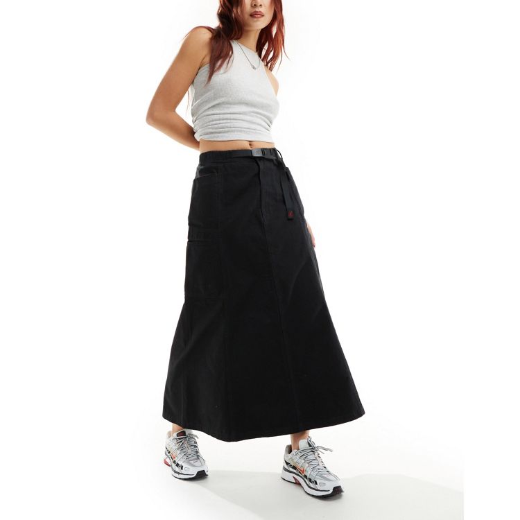 Gramicci cotton a line paneled cargo maxi skirt in black