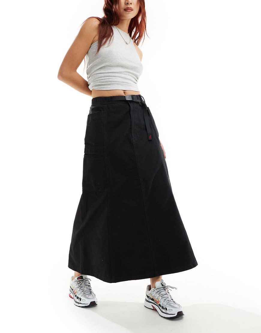 Gramicci cotton a line panelled cargo maxi skirt in black