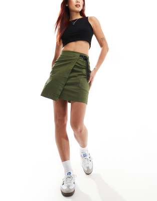 Gramicci Cotton Twill Wrap Detail Cargo Mini Skirt In Khaki-green