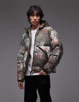 Daunen-Pufferjacke mit Batikmuster in Grün und Braun-Bunt Bunt S