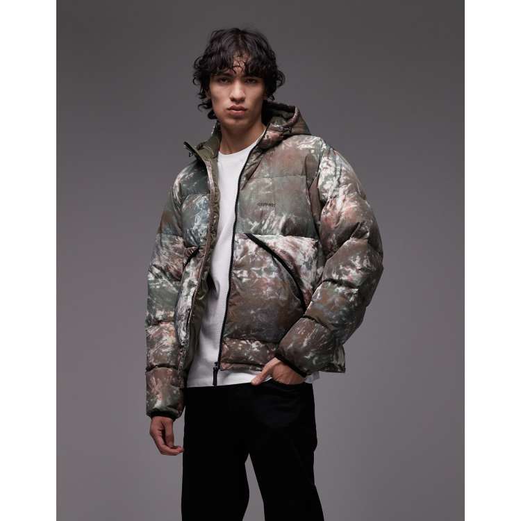 Gramicci down puffer jacket in green and brown tie dye ASOS