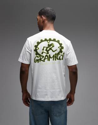 Gramicci equipped for dirt short sleeve tee with back and chest graphics in white