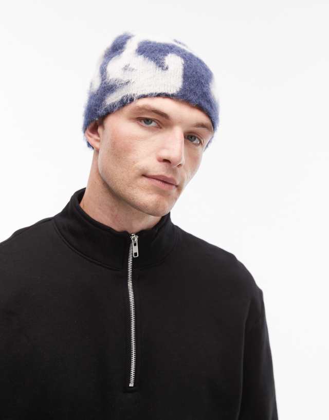 GRAMiCCi ネイビー ホワイト ビーニー Gramicci mohair burly running man beanie in navy | ASOS