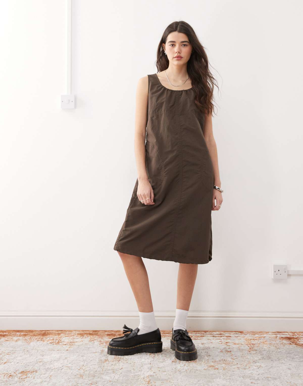 Gramicci nylon midi dress in deep brown