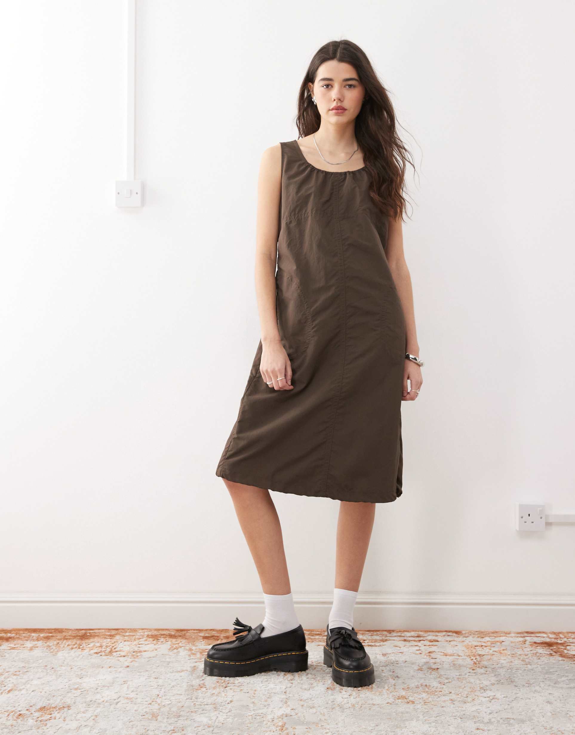 gramicci nylon midi dress in deep brown