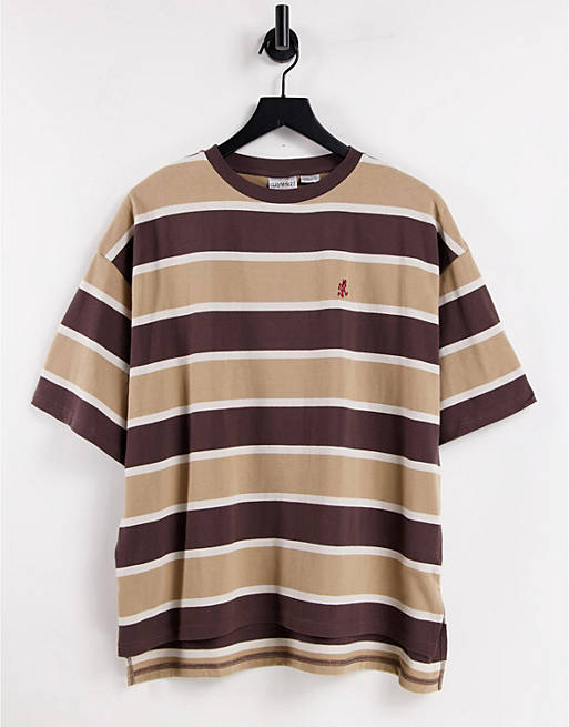 Gramicci one point slit stripe t-shirt in brown/beige