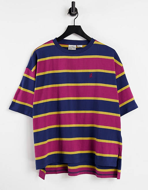  Gramicci one point slit stripe t-shirt in navy/wine 
