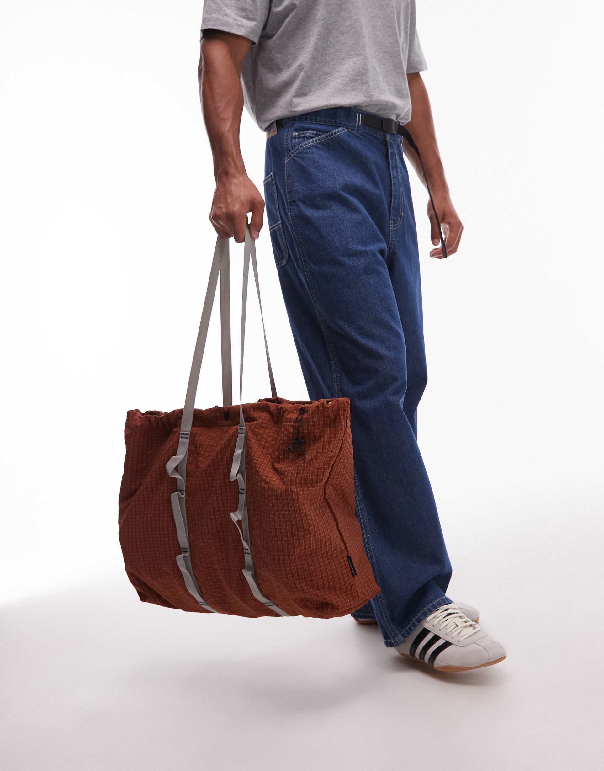 gramicci plaid climbing tote bag in burnt orange check