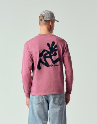 Gramicci running man long sleeve pigment dyed tee with back and chest graphic in red pigment washed red