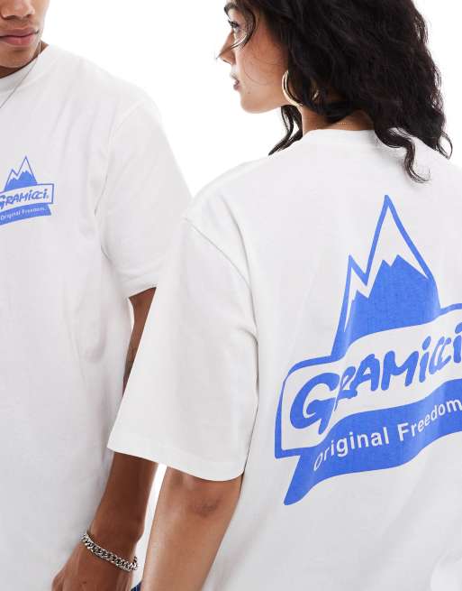 Gramicci – Vit t-shirt i unisex-modell med bergstryck framtill av bomull, 2 av 4