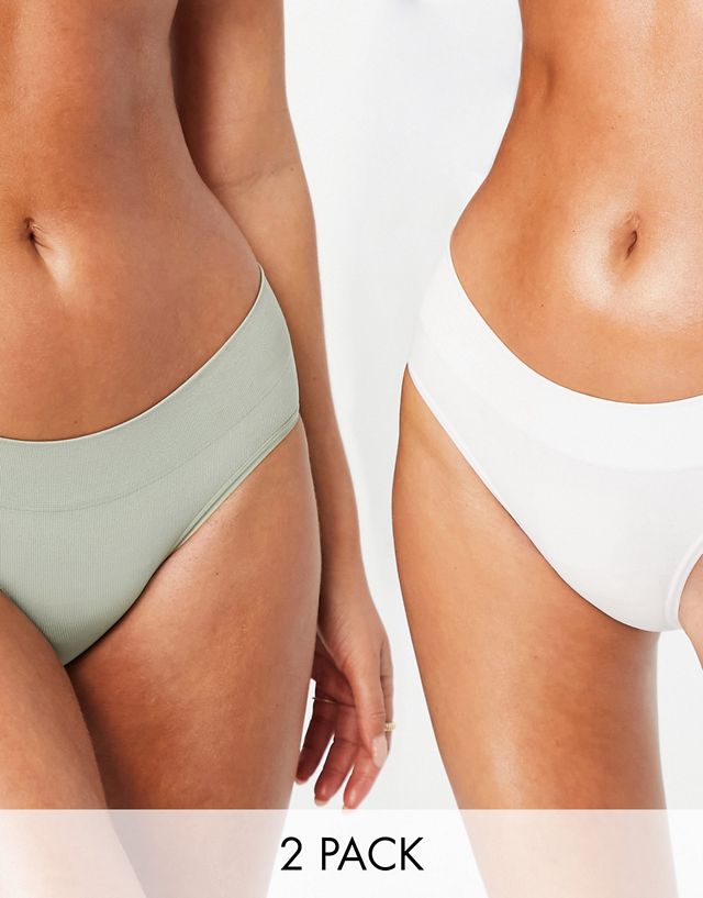 Green Treat 2 pack rib seam free brief in sage green and white