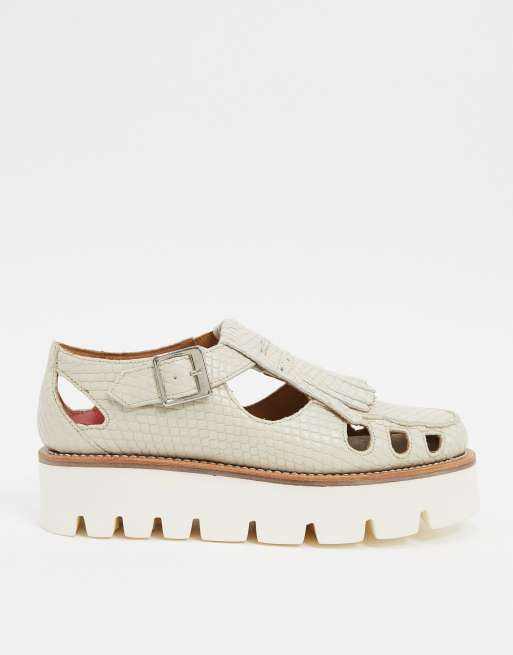 Grenson Ethel off white leather snake print mary jane flat buckle fastening shoes