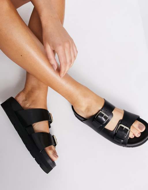 Grenson Flora leather double buckle sandals in black