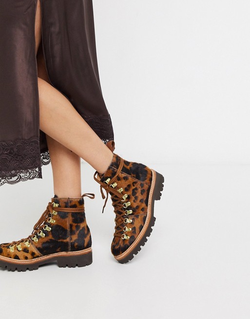 Grenson Nanette leather hiker boots in leopard