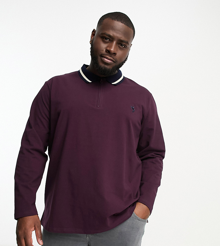 Plus long sleeve polo in burgundy-Red