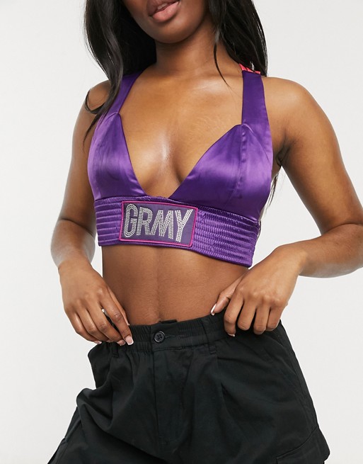 Grimey bralette with cross back detail and diamante logo