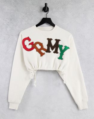 Grimey – Kurzes College-Sweatshirt mit mehrfarbigem Logo-Weiß
