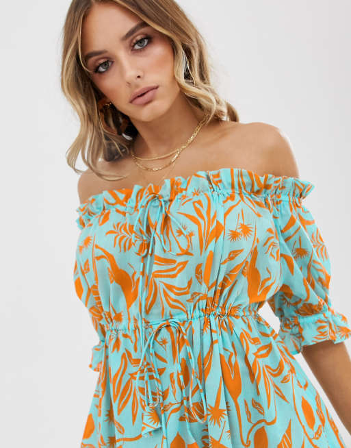 Grøn maxi-strandkjole med offshoulder og tropisk print fra ASOS DESIGN, 3 af 4
