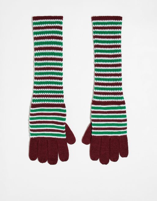 Guantes burdeos y verdes a rayas unisex de Reclaimed Vintage