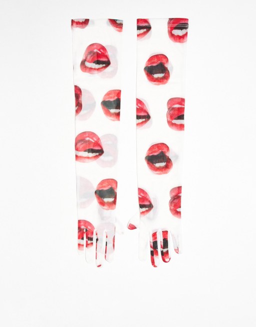 Guantes largos con estampado de labios de malla de COLLUSION Unisex