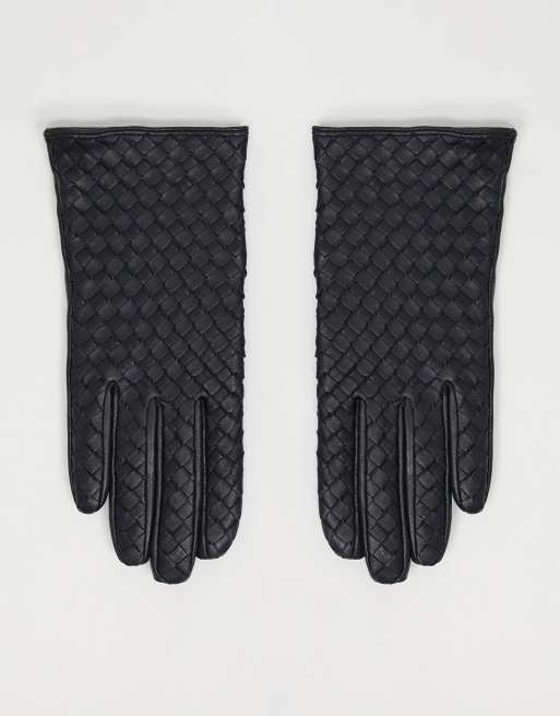 Guantes negros con tecnología para pantalla táctil de cuero entretejido de ASOS DESIGN