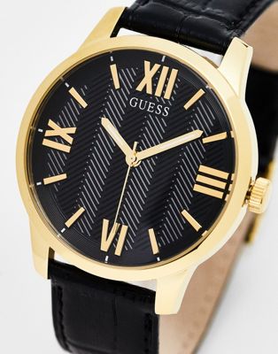 Guess Campbell leather strap watch in black and gold
