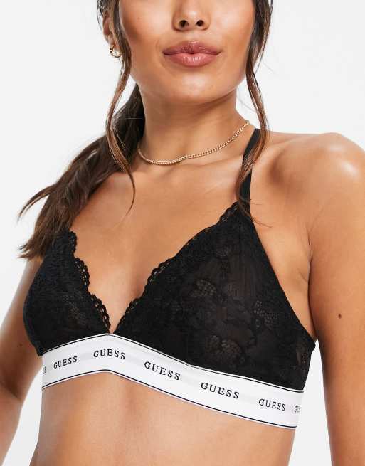 Guess co-ord lace triangle logo bra in black