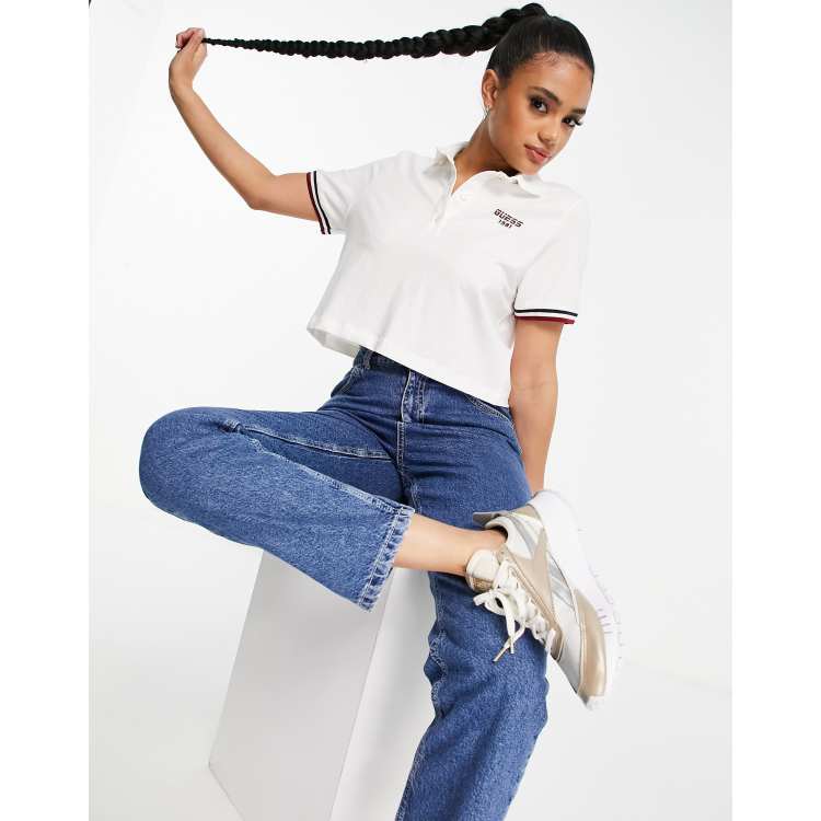 Guess cropped polo shirt in ecru ASOS