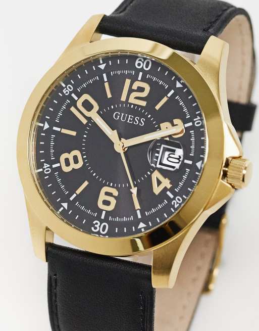 Guess - Deck - Horloge met leren bandje in zwart met goud