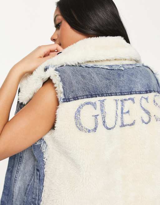 Guess denim teddy logo vest in blue wash, 3 of 4