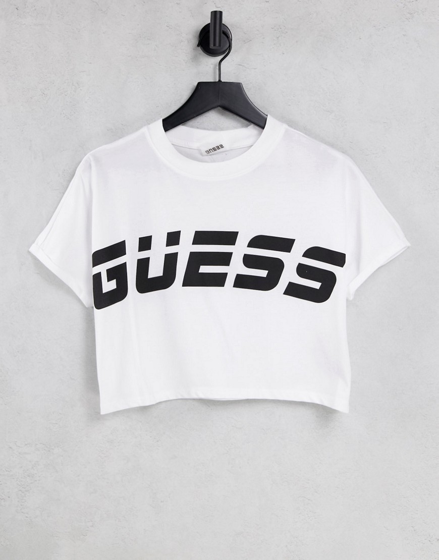Guess front logo crop T-shirt in white