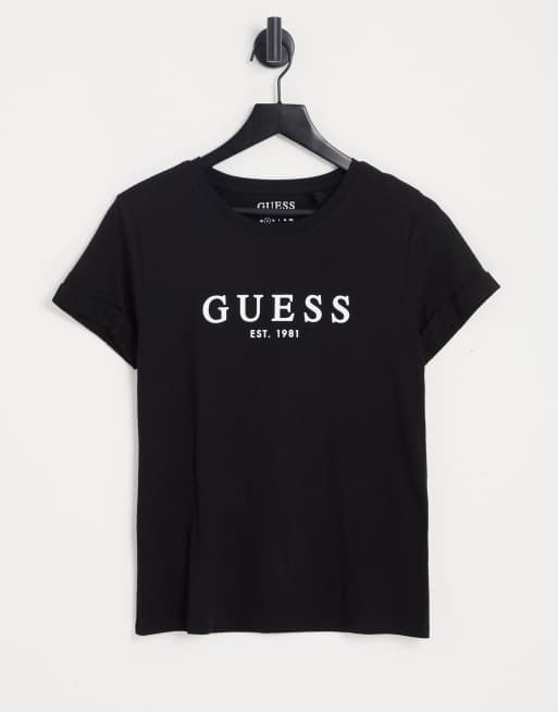 Guess logo rolled cuff T-shirt in black | ASOS