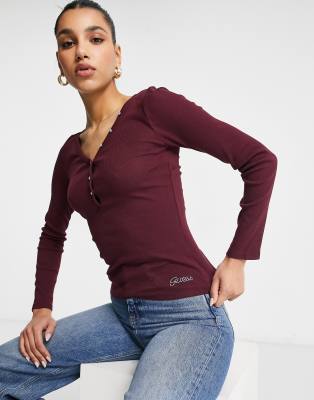 Guess Long Sleeve Henley With Logo In Burgundy purple ModeSens