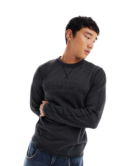 Guess Originals – Bedrucktes T-Shirt in Schwarz mit Waffelstruktur