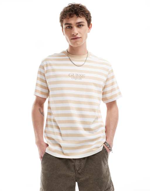 GUESS Originals – Beige- och vitrandig t-shirt i unisex-modell