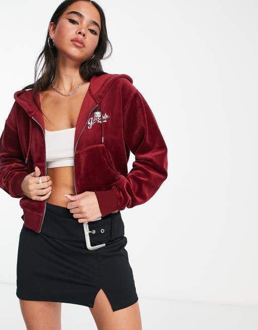GUESS Originals – Betty Boop – Czerwona welurowa bluza z kapturem i zapięciem na zamek, część zestawu