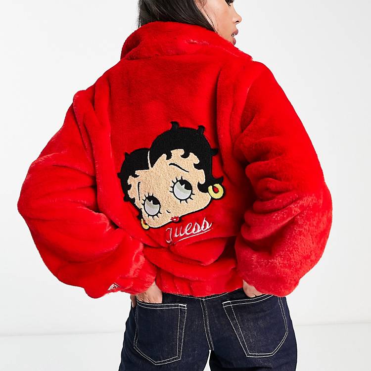 Guess Originals betty boop fur jacket with logo in red | ASOS