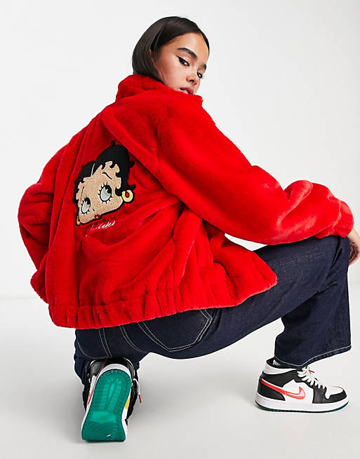 Guess Originals betty boop fur jacket with logo in red | ASOS