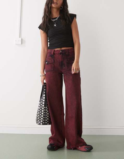 Guess Originals carpenter denim jeans in maroon acid wash with double patch pocket - view 1