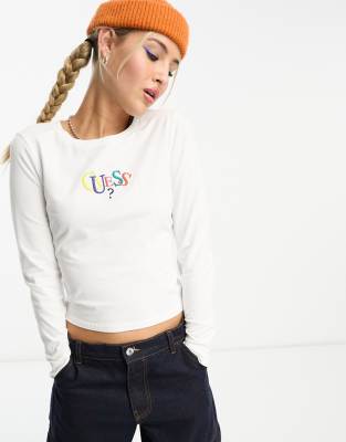 Guess Originals Guess Originals classic logo long sleeve top in white