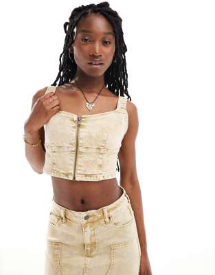 Guess Originals co-ord aged denim zip bustier top in overdyed beige-Neutral