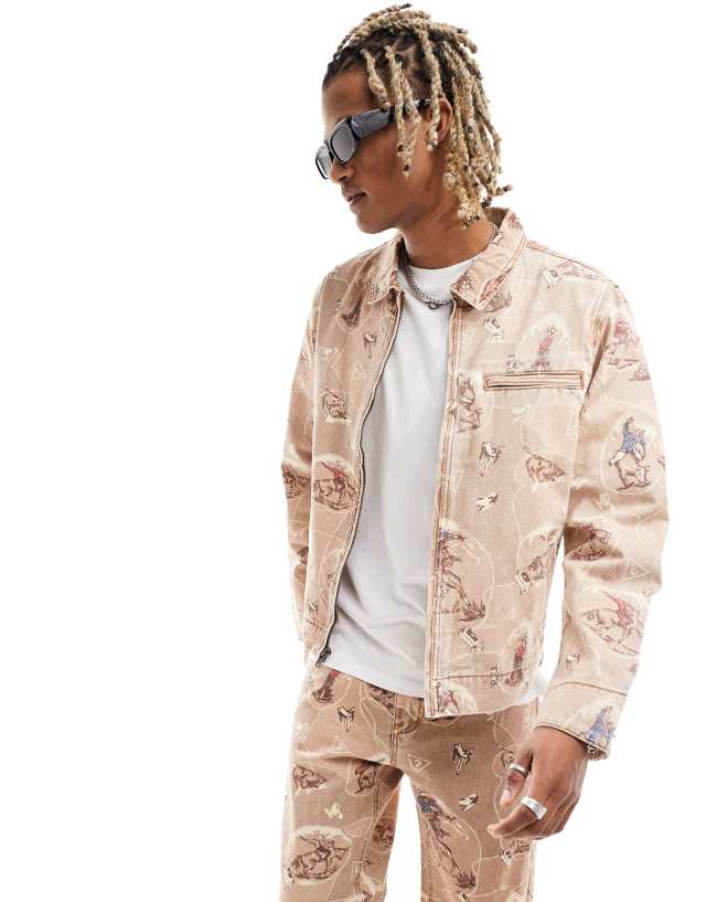 GUESS Originals - co-ord trucker jacket in beige with all over cowboy print