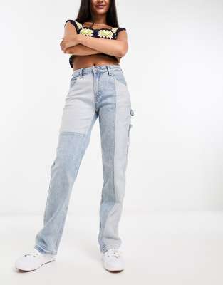 Guess Originals color block denim jeans in light wash blue