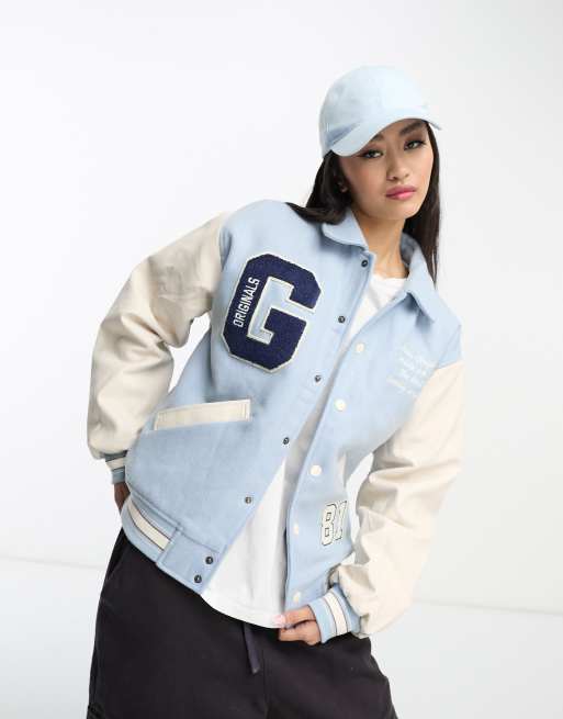 Guess Originals contrast sleeve varsity jacket in light blue | ASOS