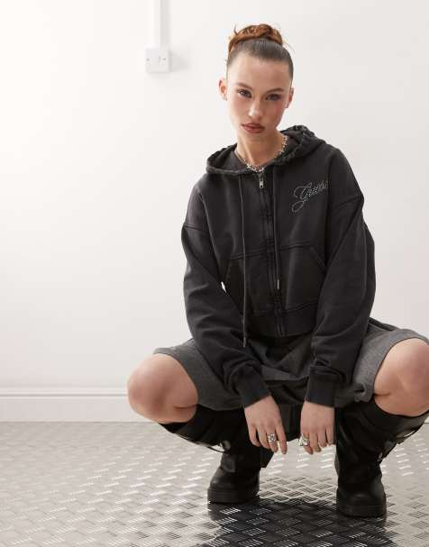 Guess Originals cropped hoodie in washed black with rhinestone logo - view 1