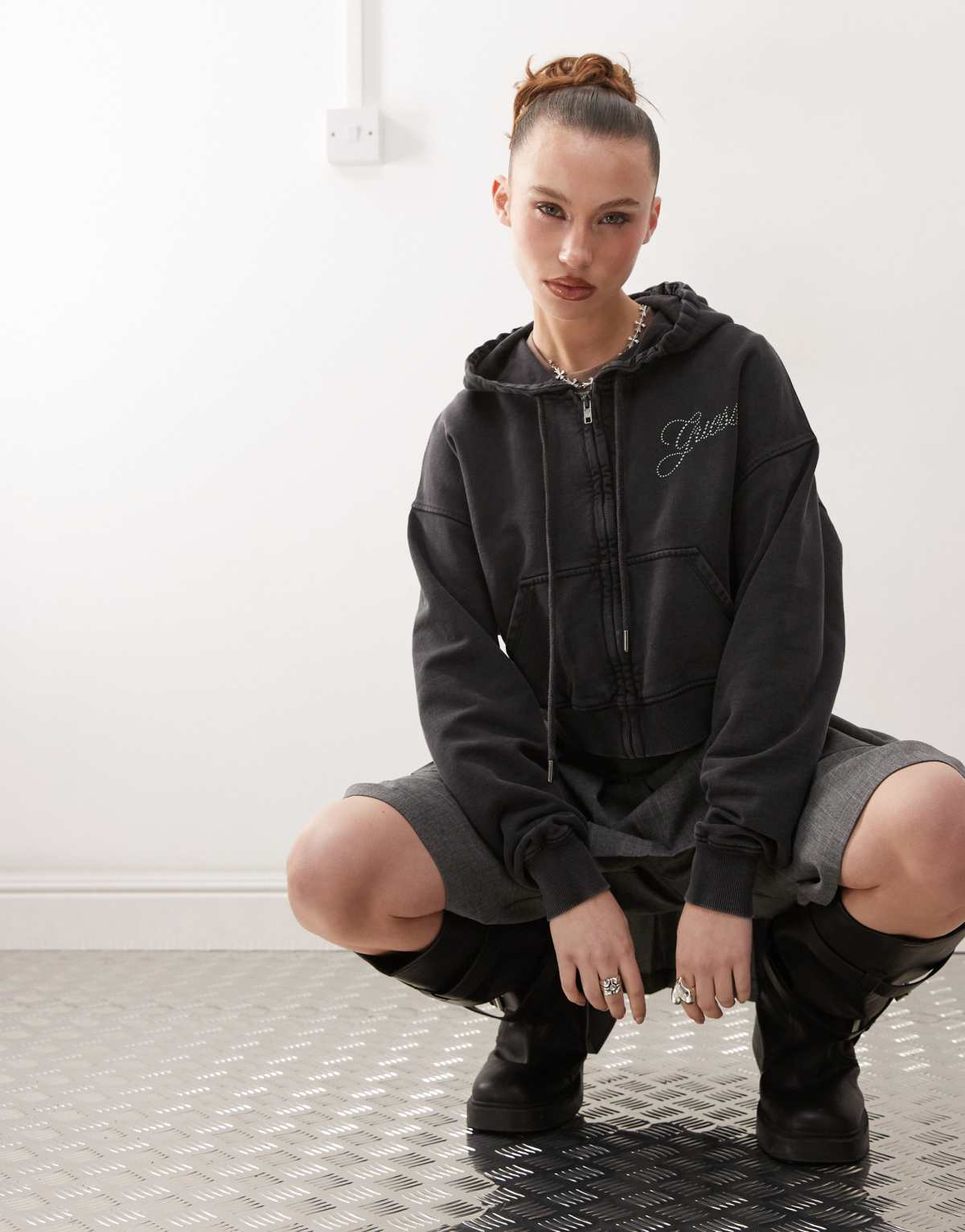 Guess Originals cropped hoodie in washed black with rhinestone logo