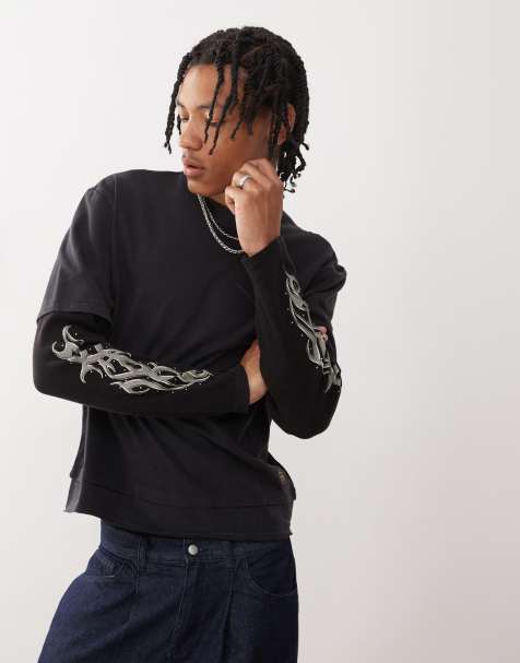 Guess Originals double layered t-shirt in black with tattoo sleeve print - view 1