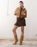 [Guess Originals] Guess Originals faux suede zip up jacket in light brown with faux fur lining and trim 8 Brown