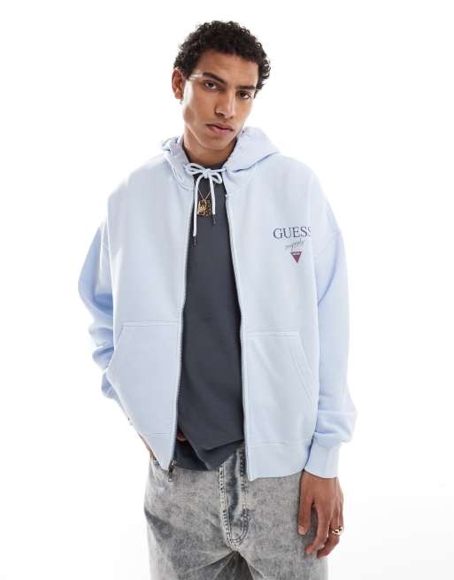 Guess Originals - Felpa con cappuccio unisex azzurra con logo sovrapposto e zip